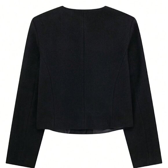 Black Elegant Women's Casual Tweed Jacket Decorated Long Sleeve Coat - Picture 8 of 8